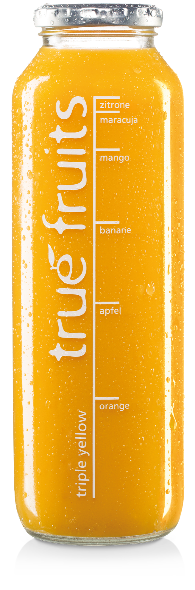 Einzelne Smoothieflasche des true fruits smoothies yellow auf weißem Hintergrund