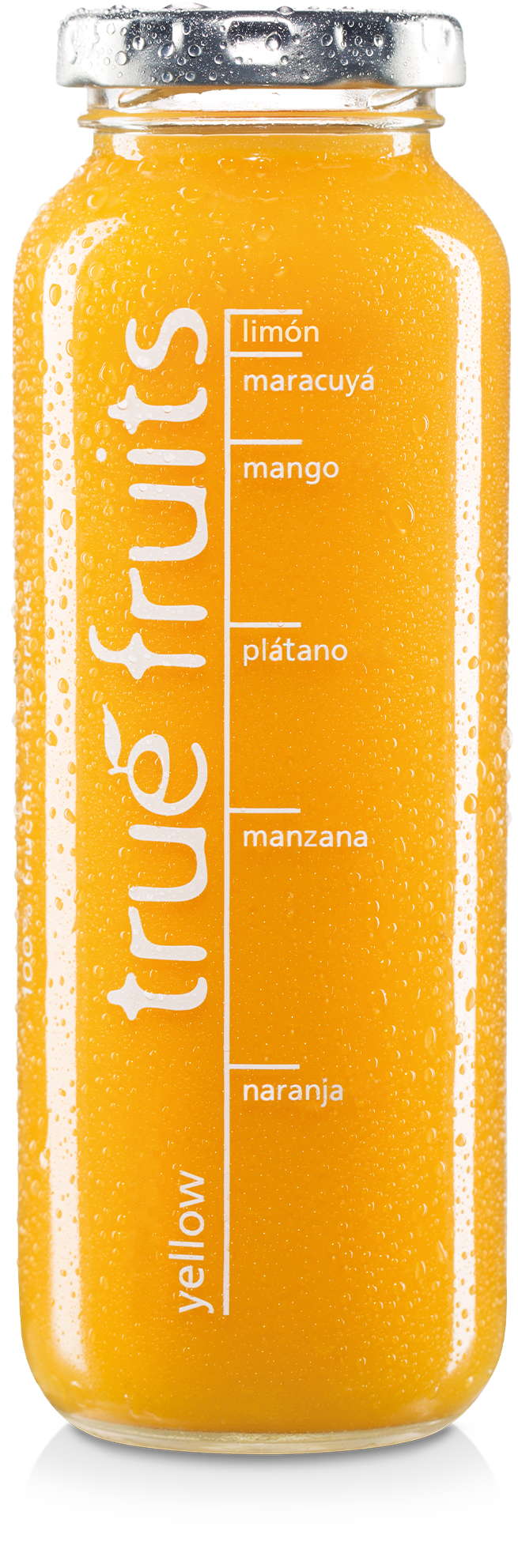 Einzelne Smoothieflasche des true fruits smoothies yellow auf weißem Hintergrund