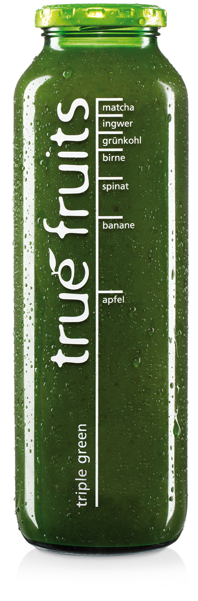 Einzelne Smoothieflasche des true fruits smoothies green auf weißem Hintergrund