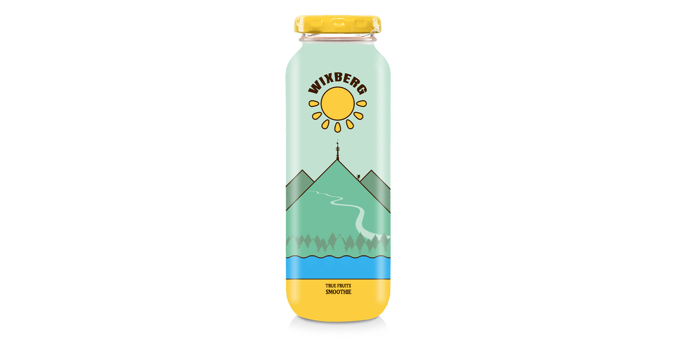 true fruits limited edition Wixberg Smoothie in 750 ml Glasflasche mit Bergmotiv und gelbem Deckel vor weißem Hintergrund