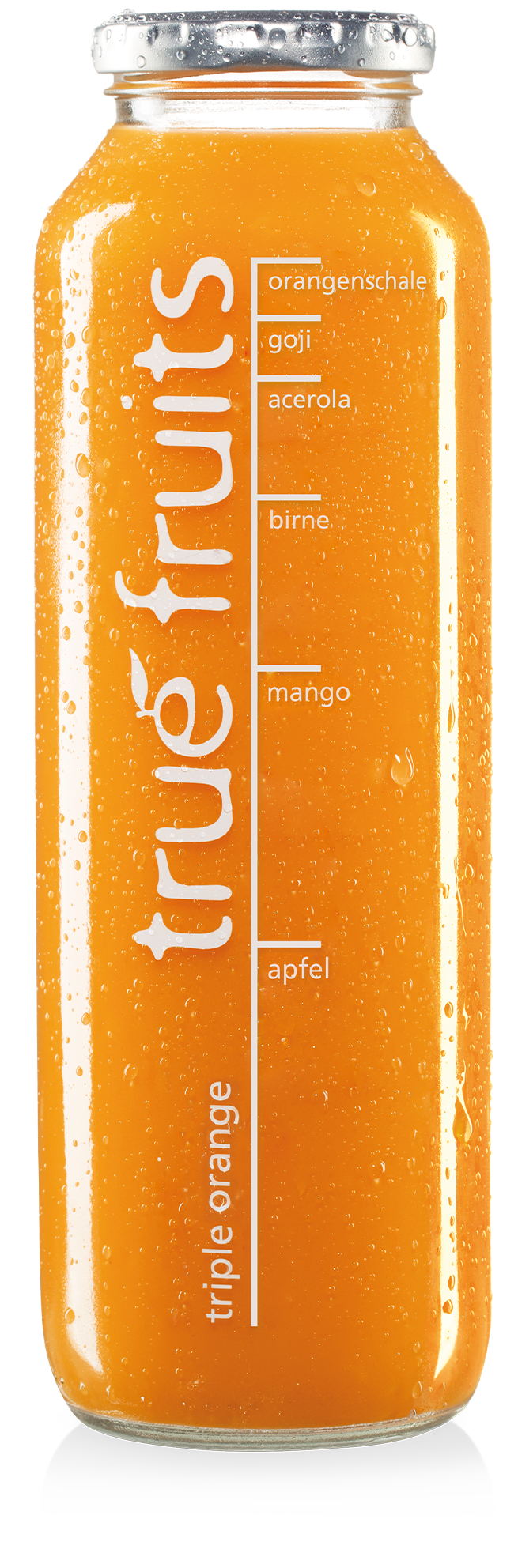 Einzelne Smoothieflasche des true fruits smoothies orange auf weißem Hintergrund