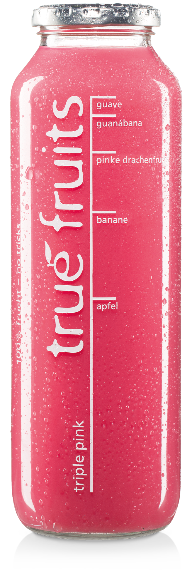 Einzelne Smoothieflasche des true fruits smoothies pink auf weißem Hintergrund